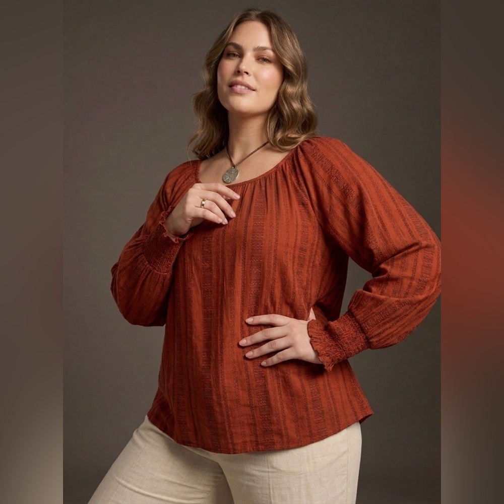 Terra&Sky Rust Boho Peasant Top Smocked Cuffs Orange Geometric Blouse Plus Sz 3X